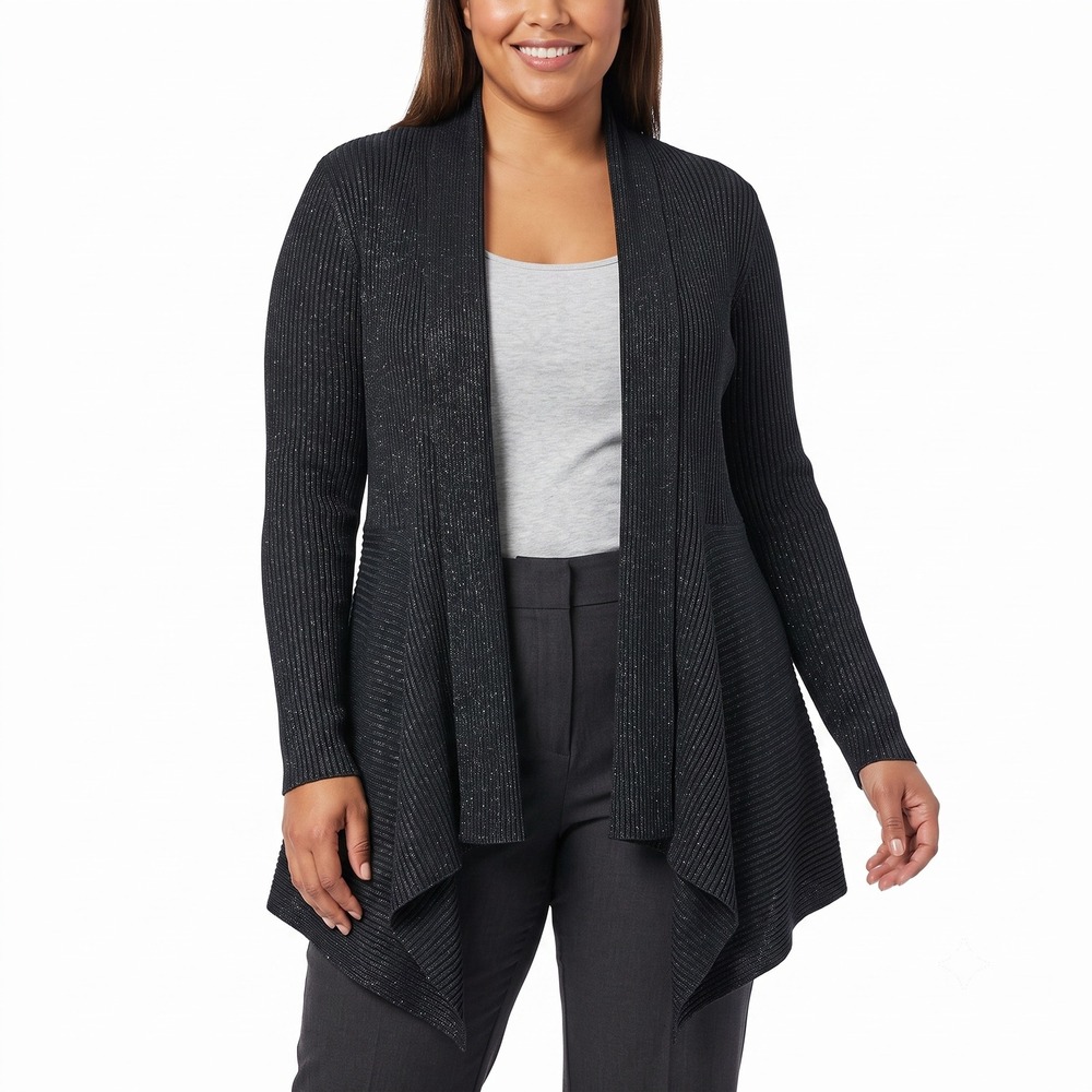 Belldini Black Metallic Lurex Ribbed Open Front Handkerchief Hem Cardigan Large